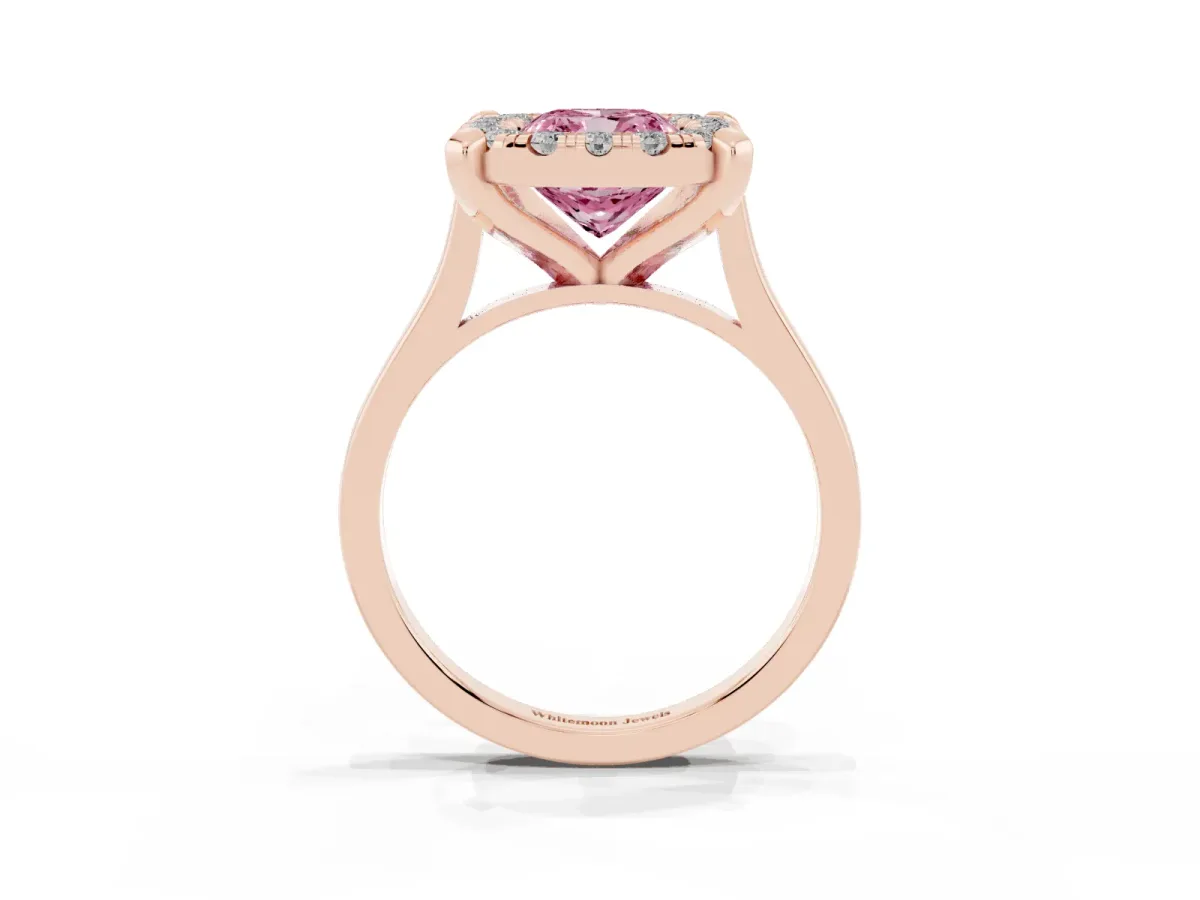 Fancy Pink Cushion Cut Diamond Cluster Halo Solitaire with Four-Prong Setting Rose gold