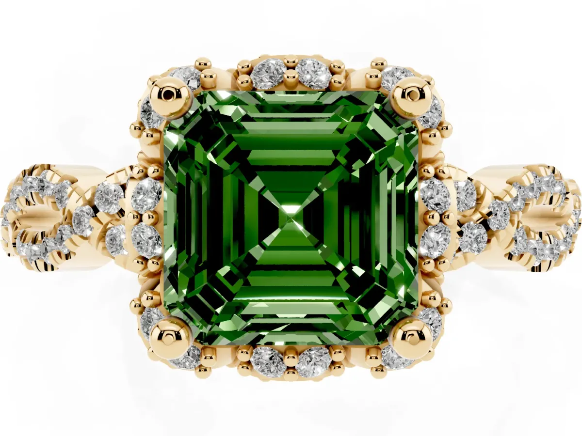 Fancy Green Asscher Cut Halo Twist Band Solitaire Ring with Six-Prong Setting Yellow gold