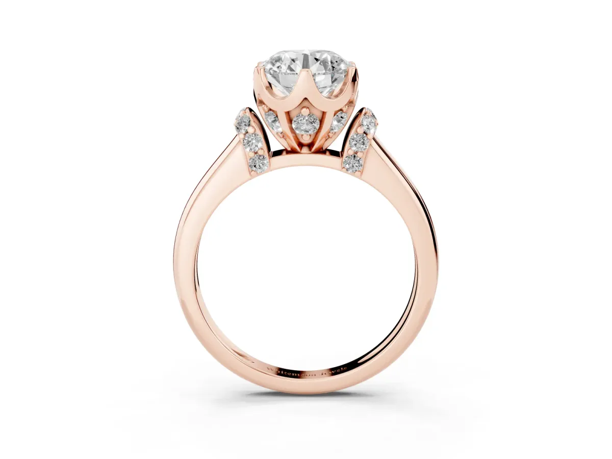 Round Cut Brilliant Solitaire Cathedral Engagement Ring with Pave Accents Rose gold