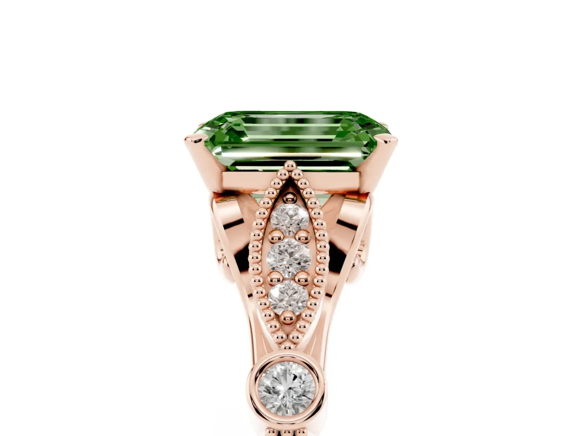 Fancy Green Emerald Cut Cut Diamond with Milgrain Marquise and Bezel Accents on a Solitaire Band with Prong Setting Rose gold