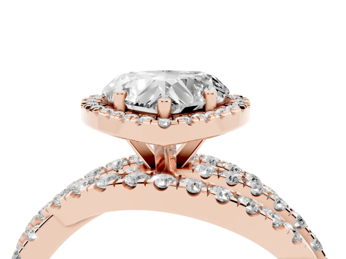 Heart Cut Diamond Halo Ring with Round Split Shank and Prong Setting Rose gold