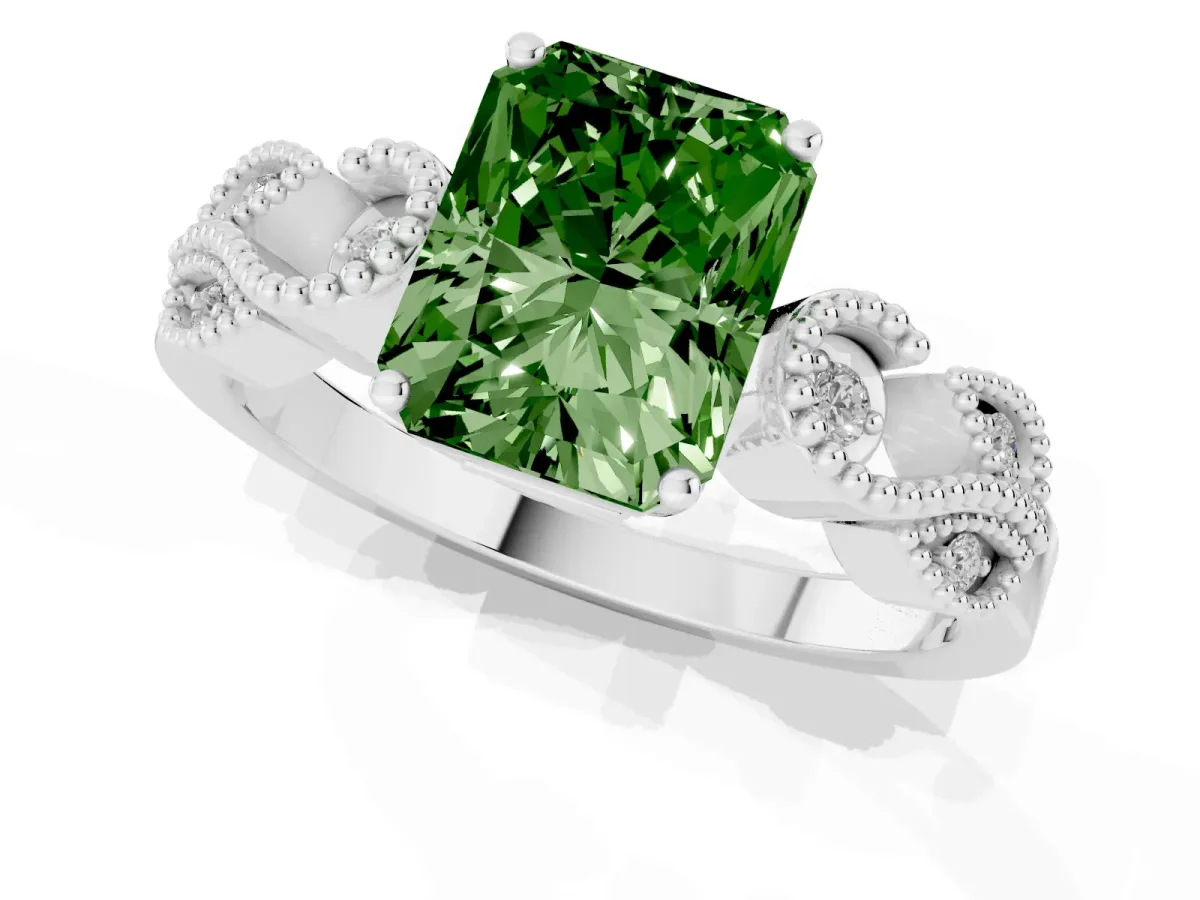 Fancy Green Princess Cut Solitaire Milgrain Leaf Band with Prong Setting Silver