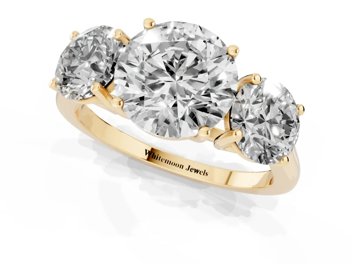Three-Stone Round Cut Cut Solitaire Ring with Classic Band and Prong Setting Yellow gold