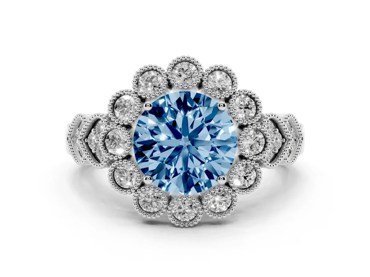 Fancy Blue Round Cut Brilliant Milgrain Pave Heart Band Solitaire Ring Silver