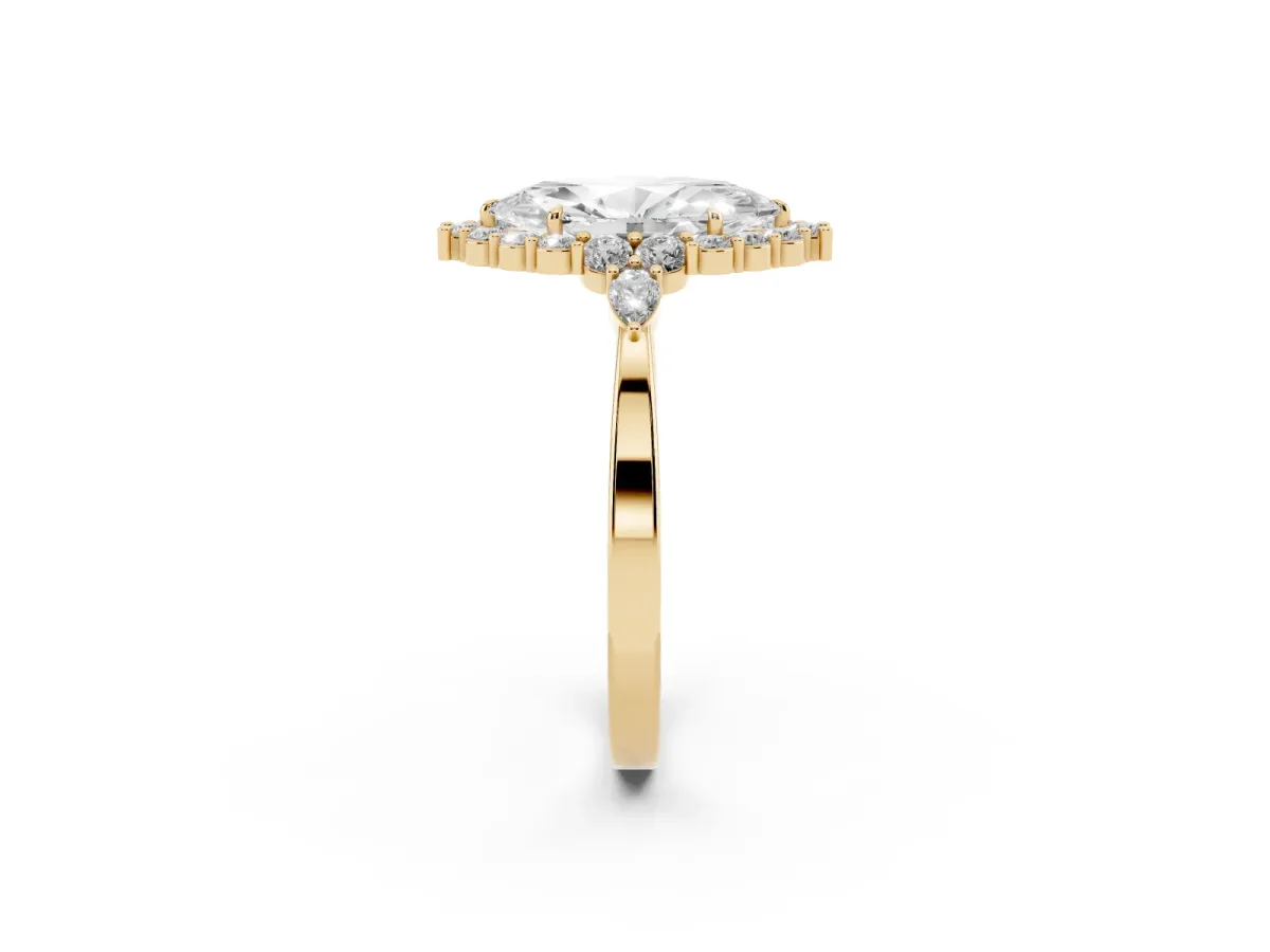 Marquise Cut Diamond Halo Ring with Pear Side Stones and Prong Setting Yellow gold