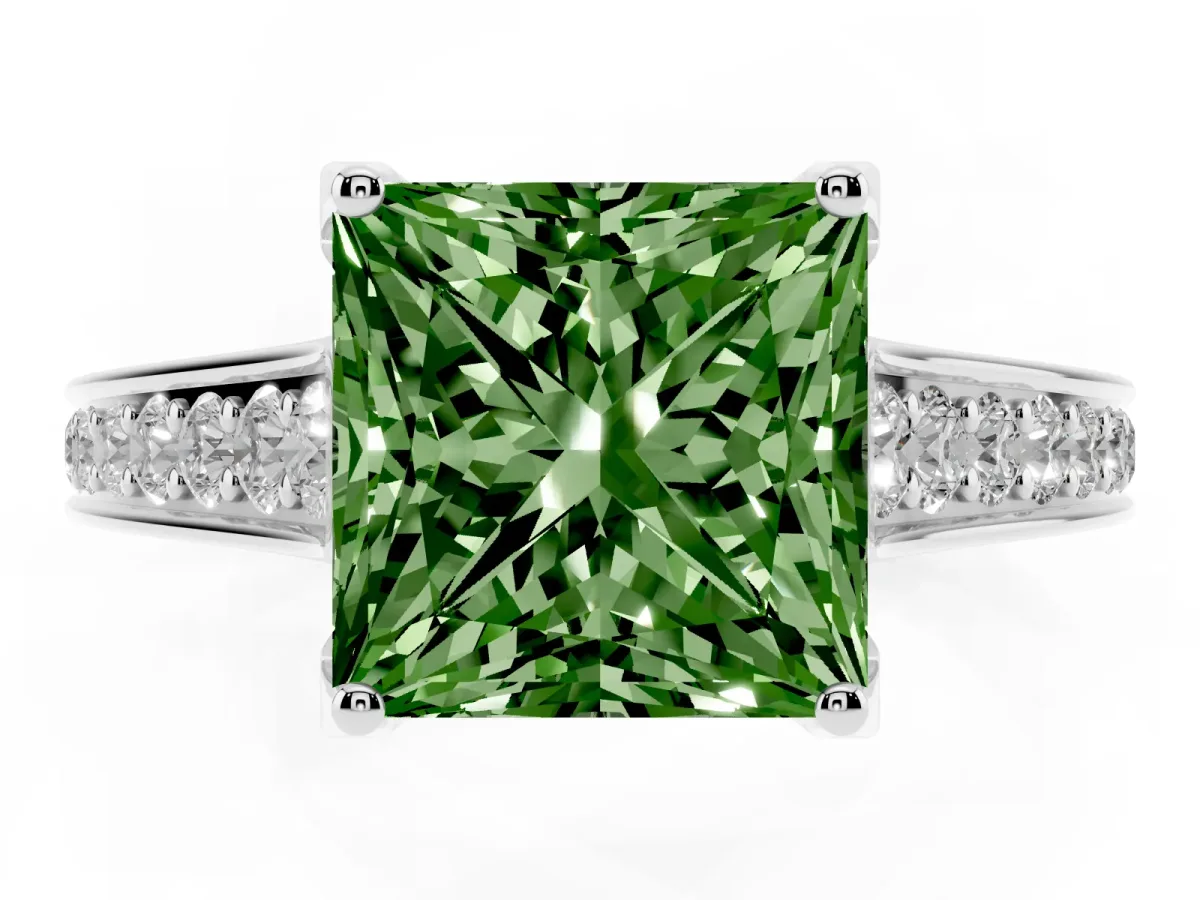 Fancy Green Princess Cut Brilliant Cut Diamond Engagement Ring with Pavé Band and Four-Prong Setting Silver