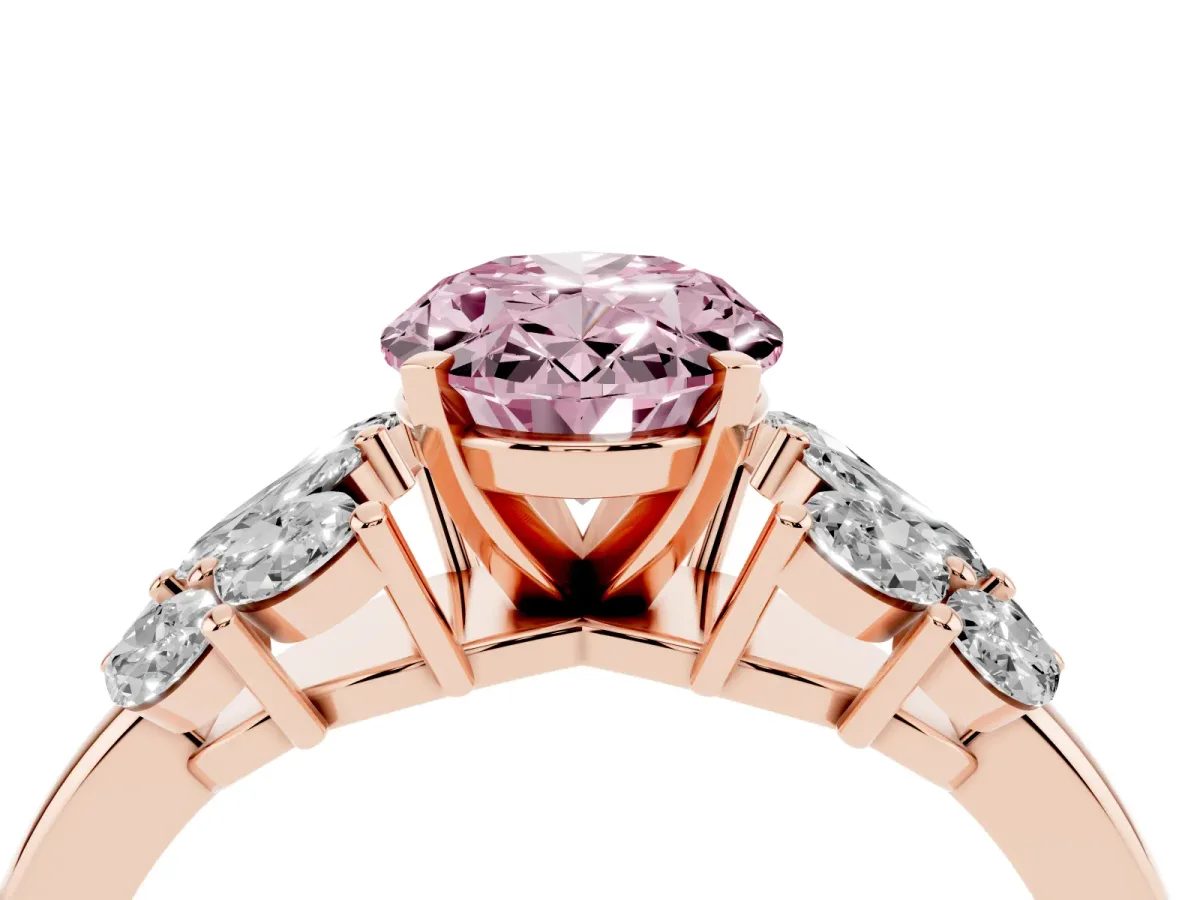 Fancy Pink Oval Cut Diamond Cluster Leaf Design Ring with Prong Setting Rose gold