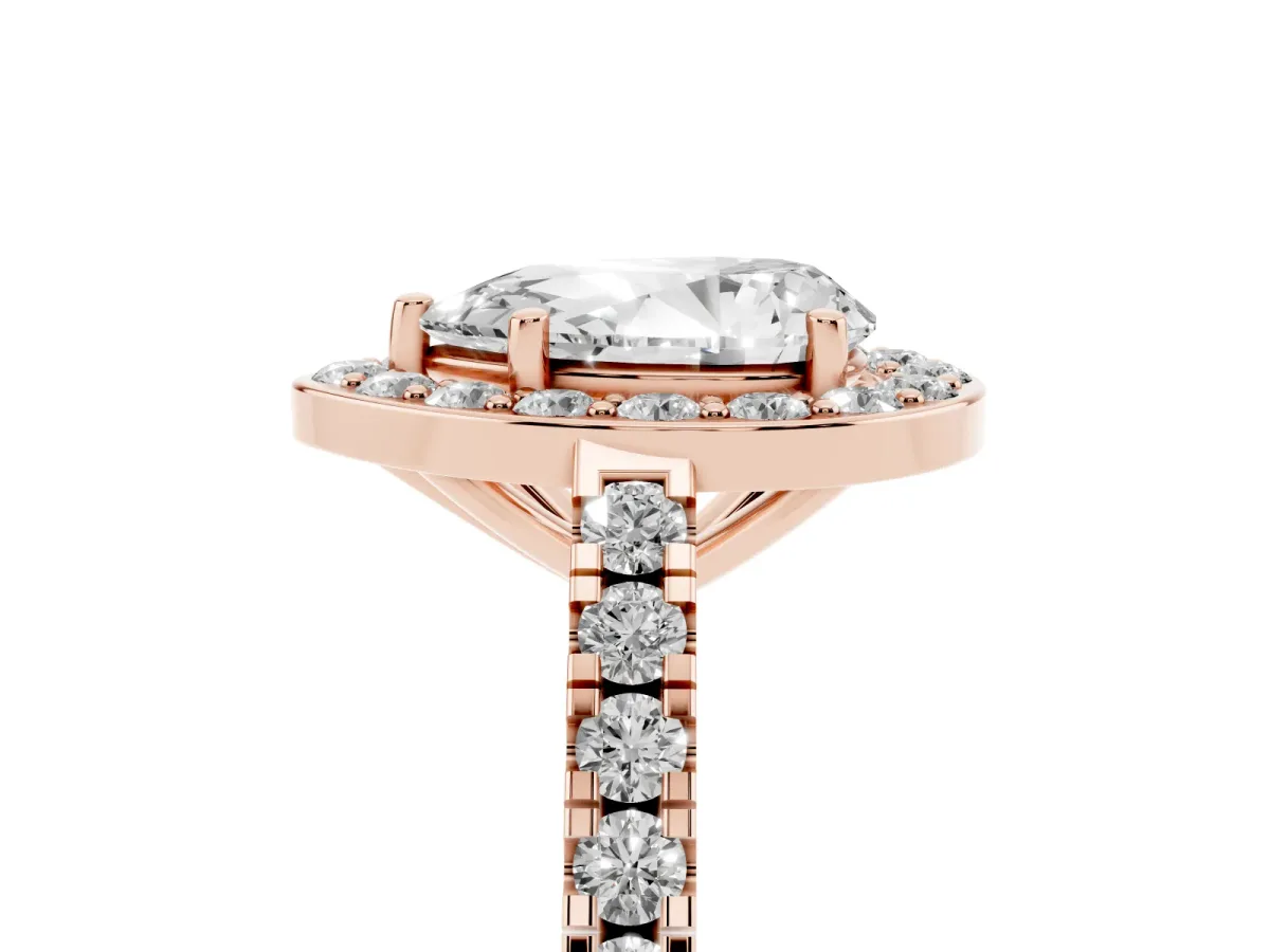 Pear Cut Diamond Halo Ring with Round Pavé Split Shank and Prong Setting Rose gold