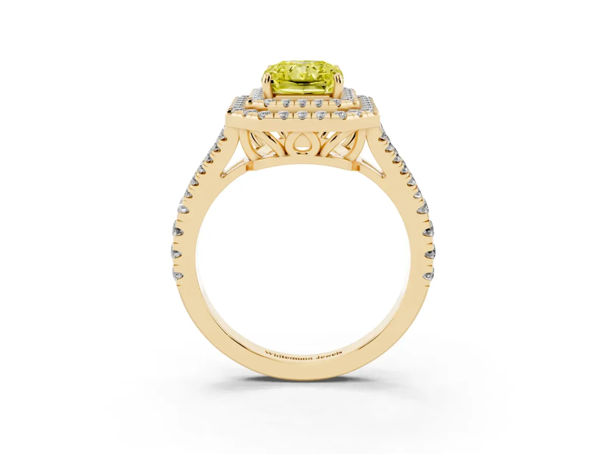 Fancy Yellow Radiant Cut Diamond Double Halo Ring with Pavé Band and Prong Setting Yellow gold