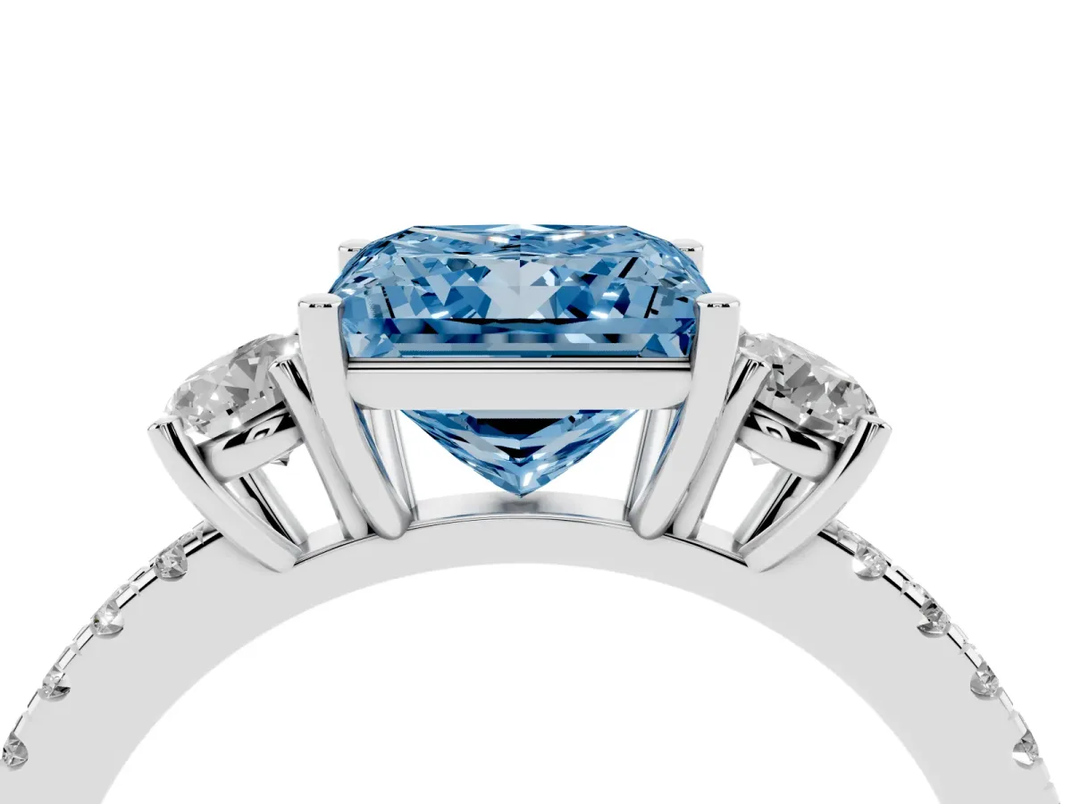 Fancy Blue Three-Stone Princess Cut Cut Diamond Pavé Band with Prong Setting Silver