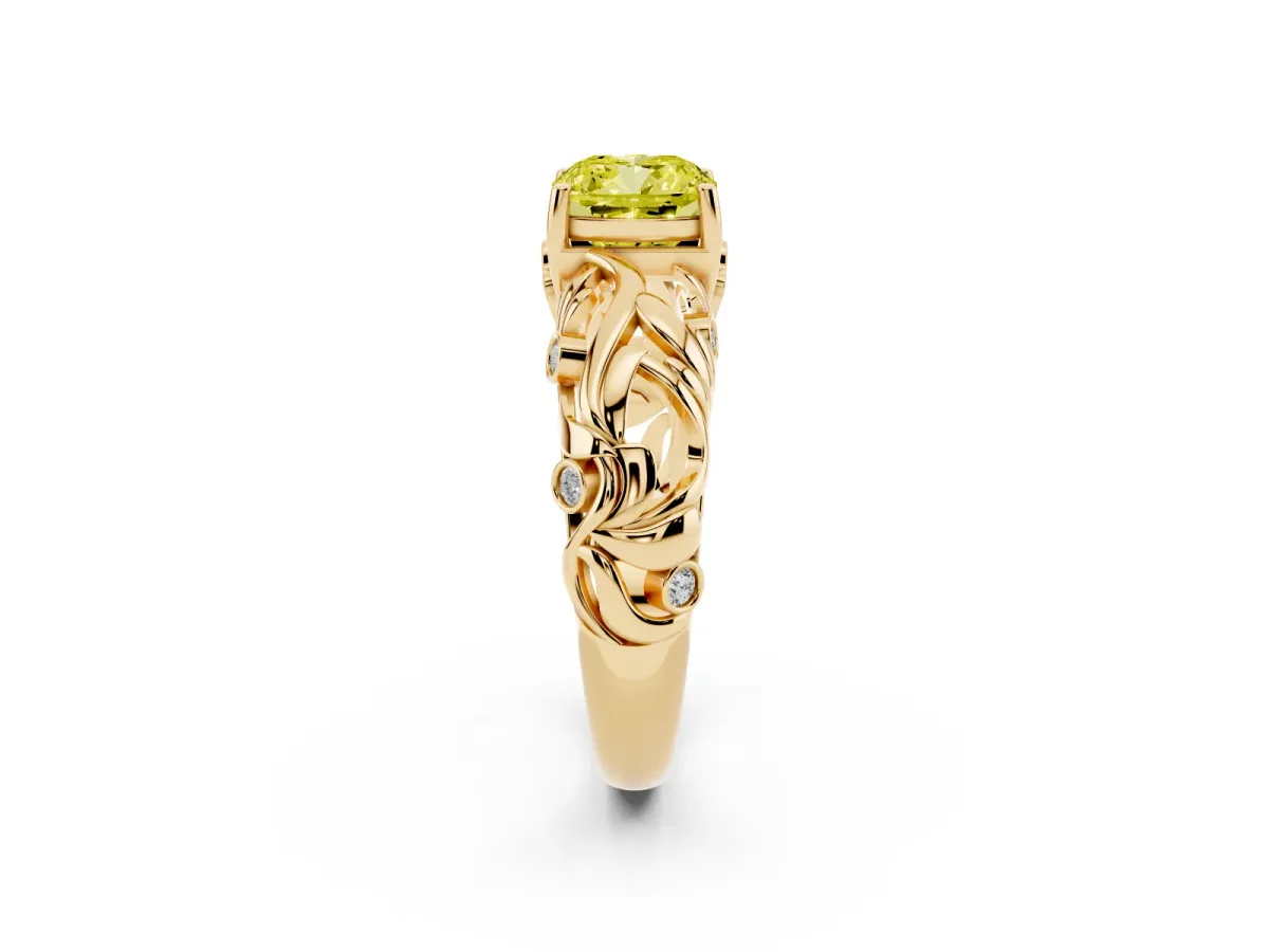 Fancy Yellow Cushion Cut Solitaire Diamond Leaf-Inspired Vine Band Ring with Prong Setting Yellow gold