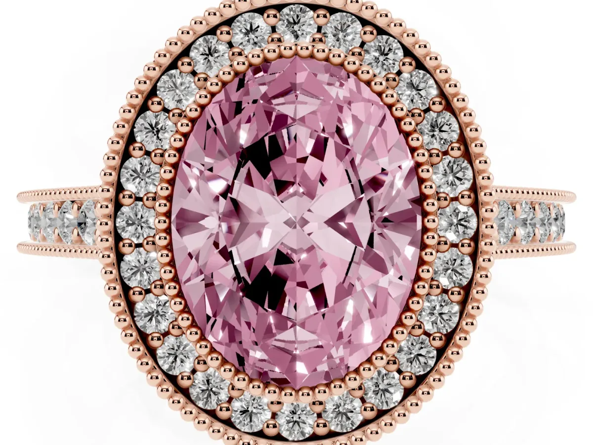 Fancy Pink Halo Oval Cut-Cut Diamond Pave Band Milgrain Prong Setting Ring Rose gold