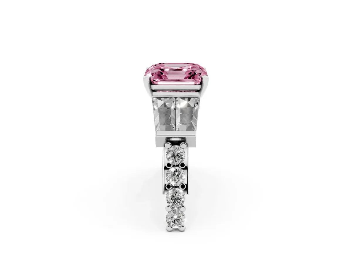 Fancy Pink Asscher Cut Diamond Engagement Ring with Baguette Side Stones and Channel Set Band White gold