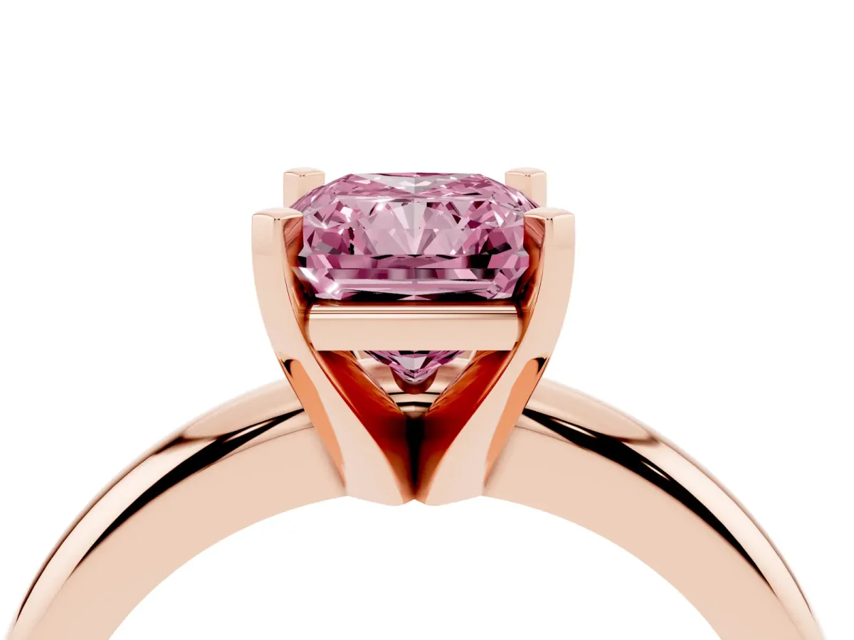Fancy Pink Radiant Cut Diamond Solitaire Engagement Ring with Round Band and Four-Prong Setting Rose gold