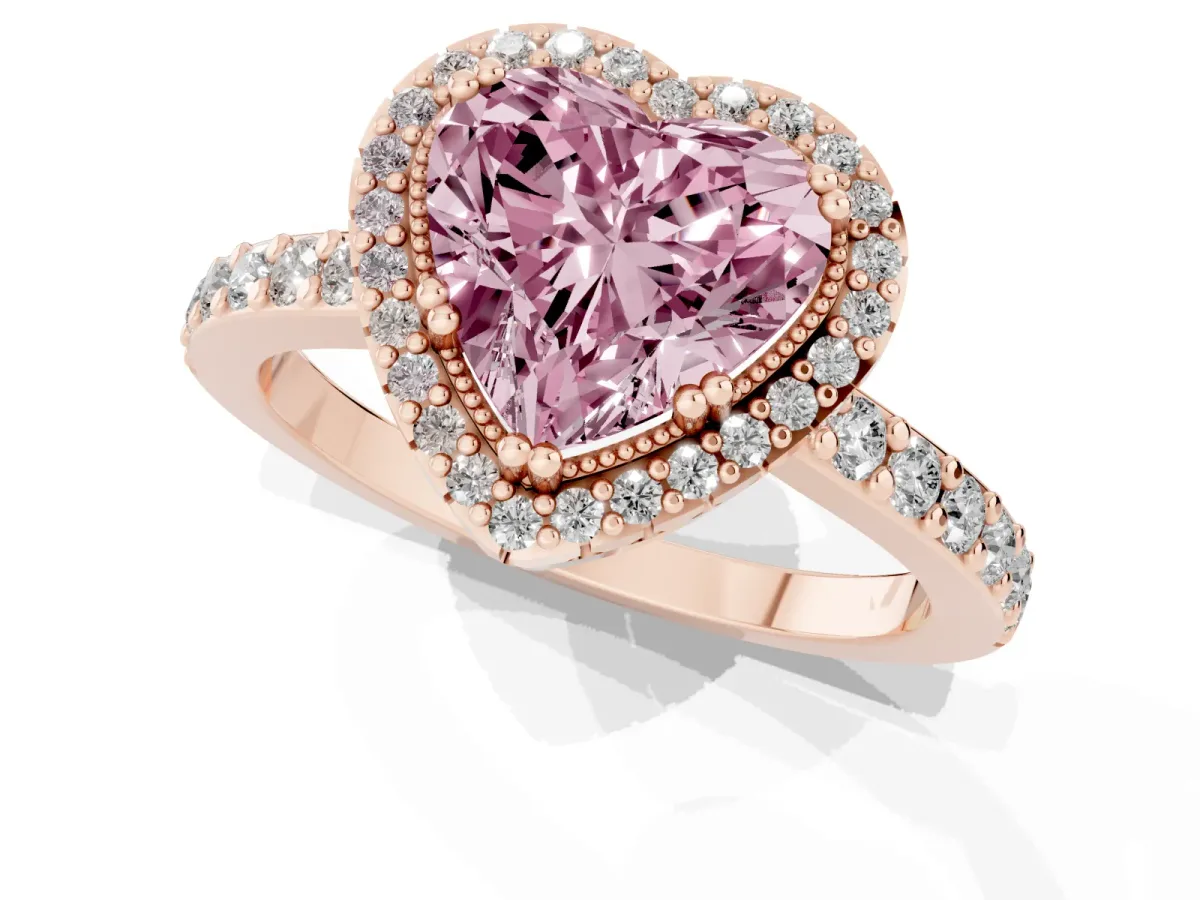 Fancy Pink Heart Cut Cut Diamond Halo Engagement Ring with Milgrain Detail and Pavé Band Rose gold