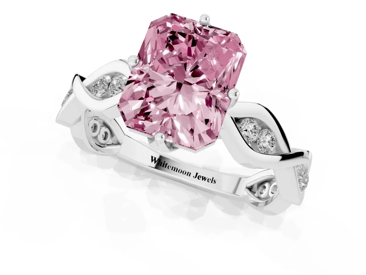 Fancy Pink Radiant Cut Solitaire Twist Band with Leaf Prong Setting Silver