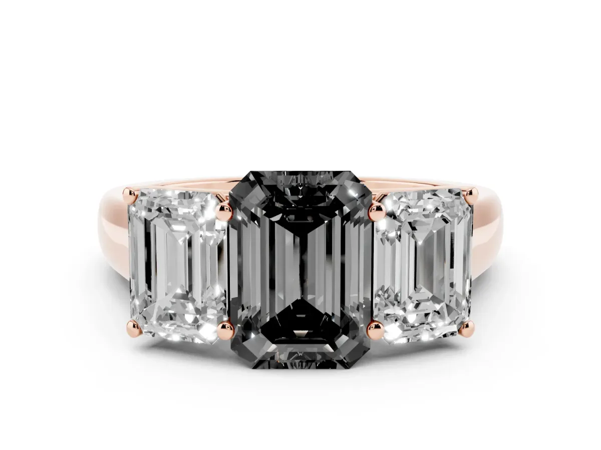 Fancy Black Emerald Cut Three-Stone Diamond Ring with Prong Setting on a Classic Band Rose gold