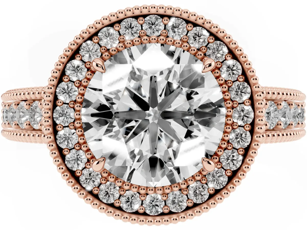 Round Cut Cut Halo Diamond Ring with Pavé Band and Four-Prong Setting Rose gold