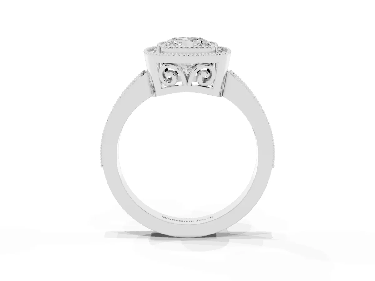 Cushion Cut Cut Halo Diamond Ring with Pavé Band and Milgrain Prong Setting Platinum