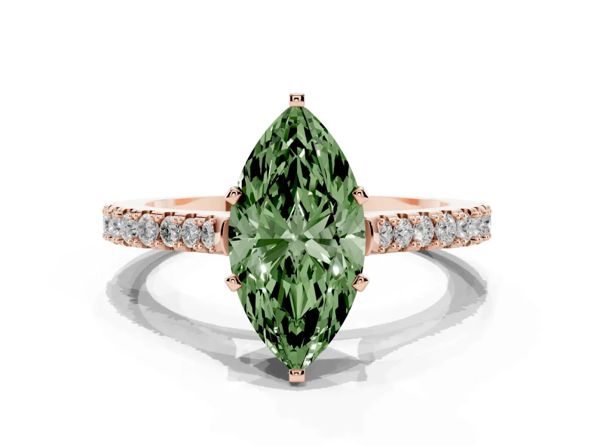 Fancy Green Marquise Cut Cut Solitaire Diamond Engagement Ring with Pave Band and Four-Prong Setting Rose gold