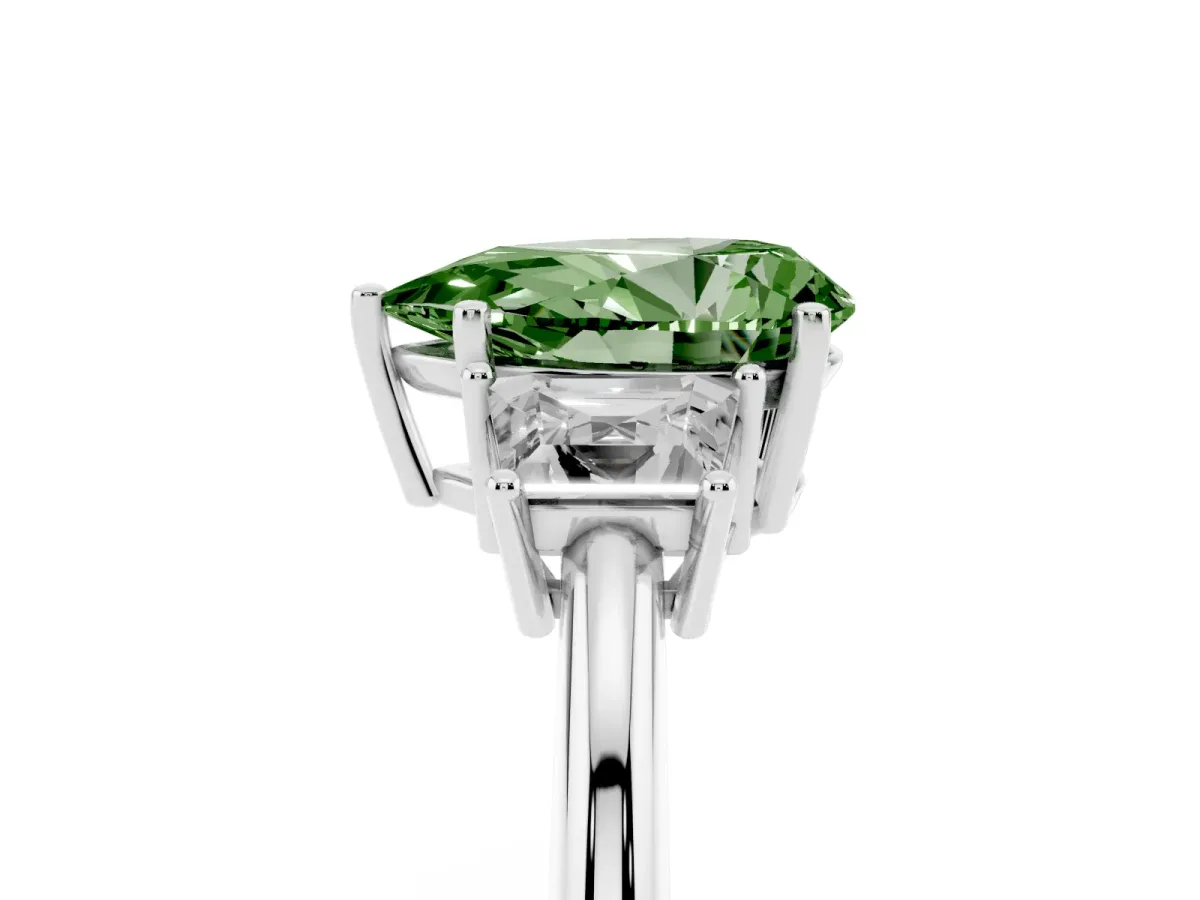 Fancy Green Pear Cut Diamond Three-Stone Ring with Trapezoid Side Stones and Prong Setting Silver