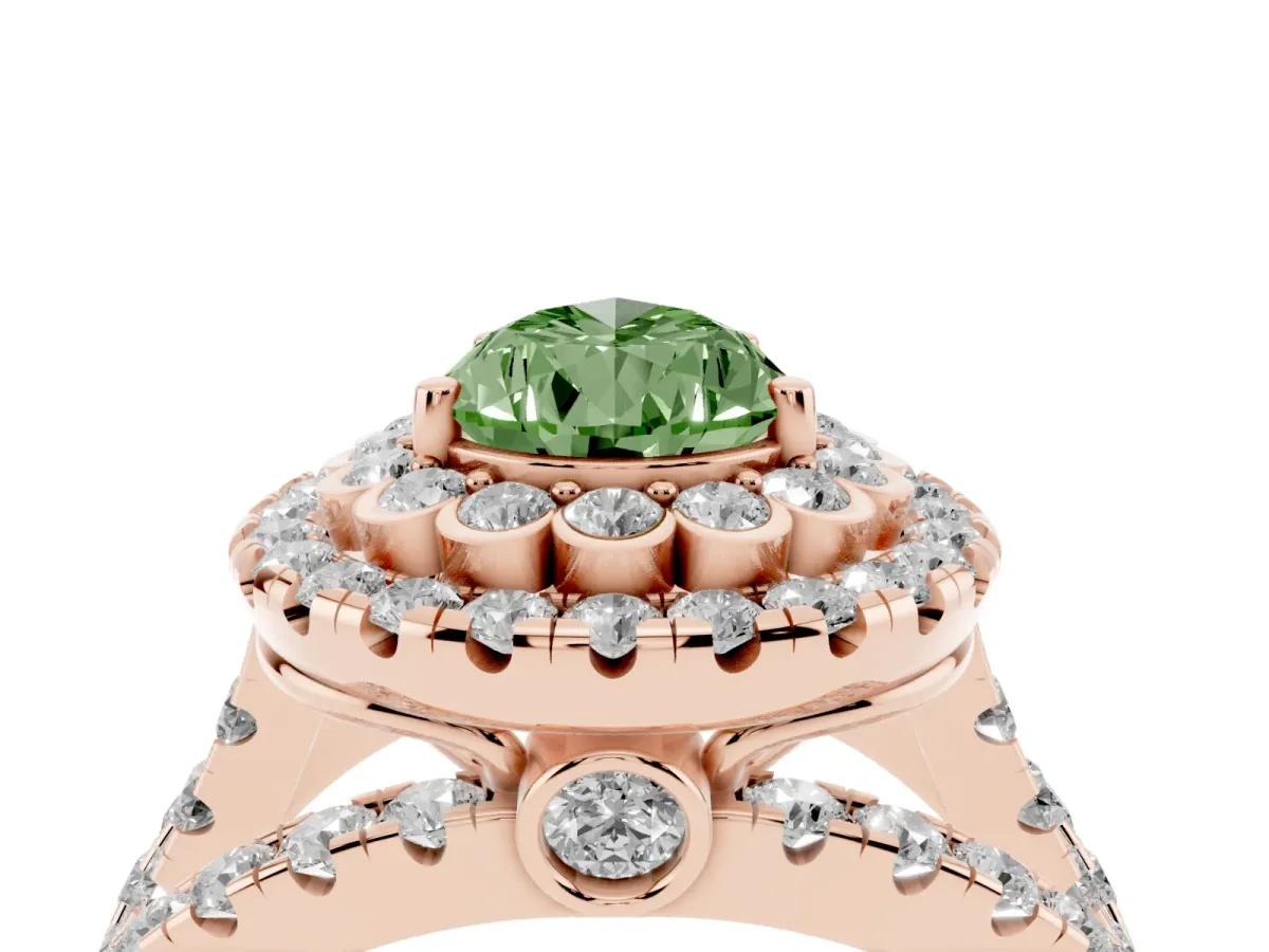 Fancy Green Pear Cut Diamond Double Halo Ring with Round Pavé Split Shank and Prong Setting Rose gold