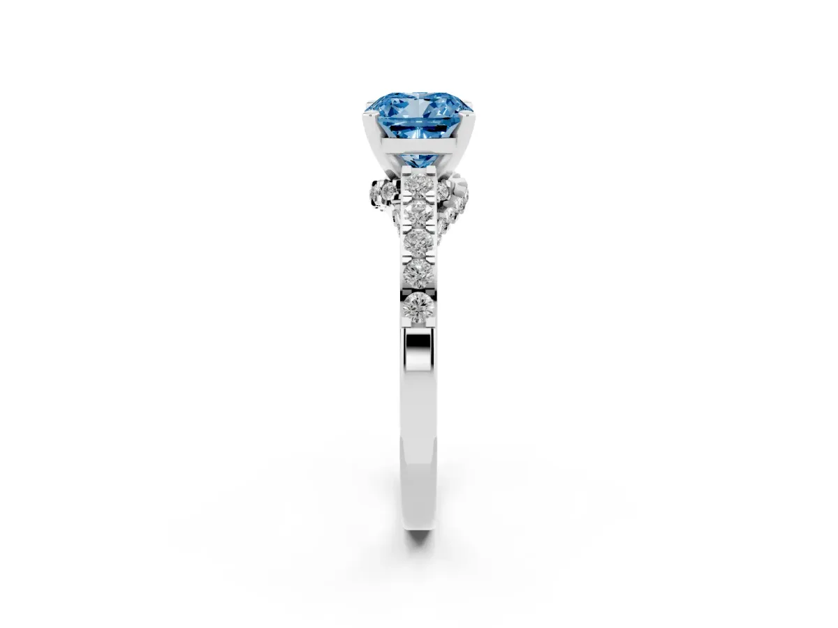 Fancy Blue Cushion Cut Diamond Solitaire Ring with Crossover Gallery and Round Pavé Band Silver