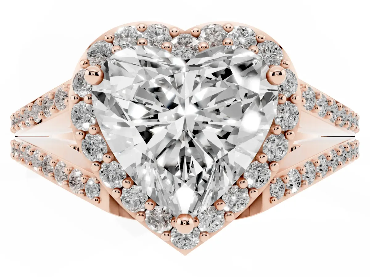 Heart Cut Halo Split Shank Diamond Ring with Prong Setting Rose gold