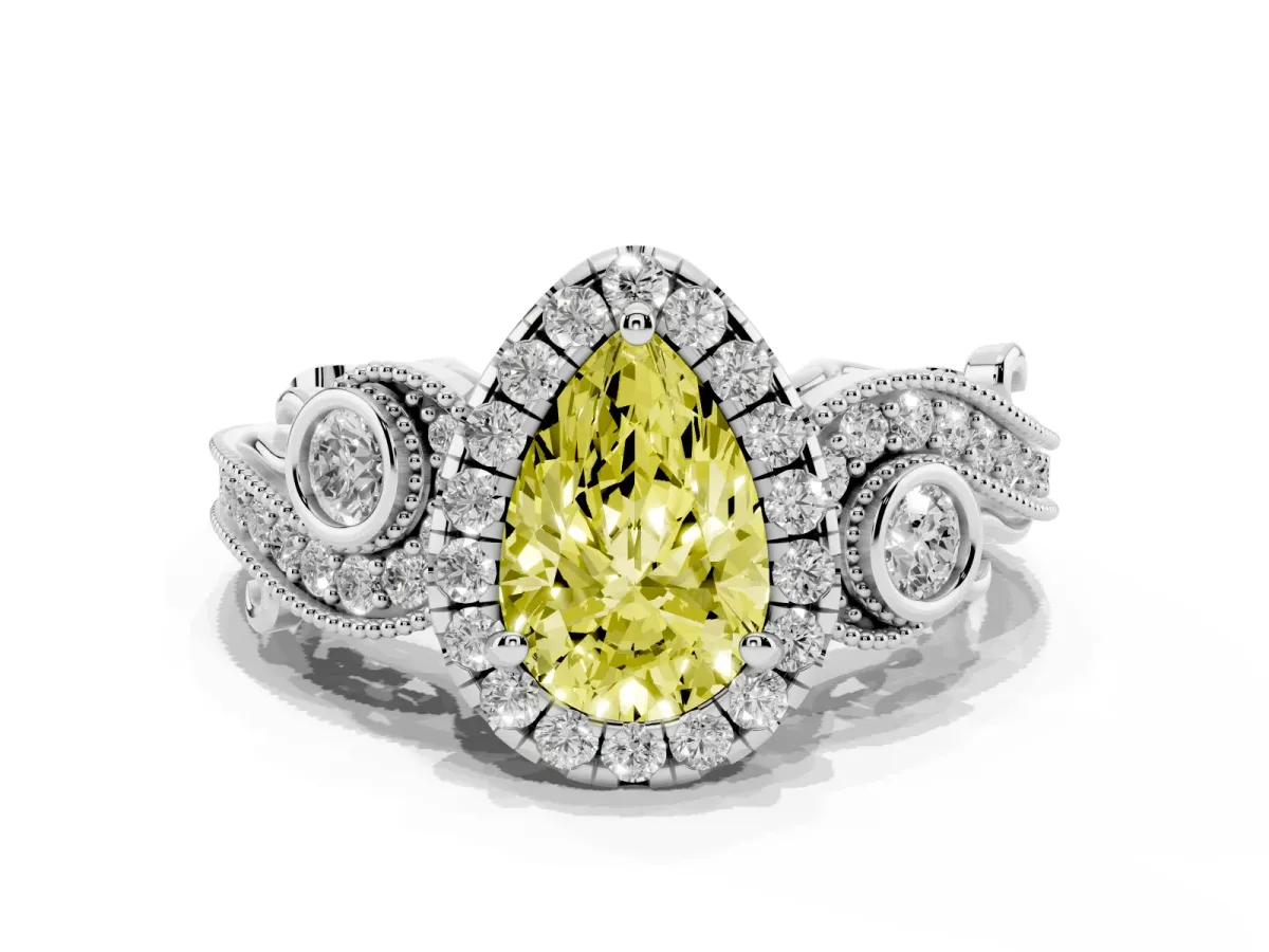 Fancy Yellow Pear Cut Halo Diamond Ring with Milgrain and Bezel Accents on a Split Shank Band White gold