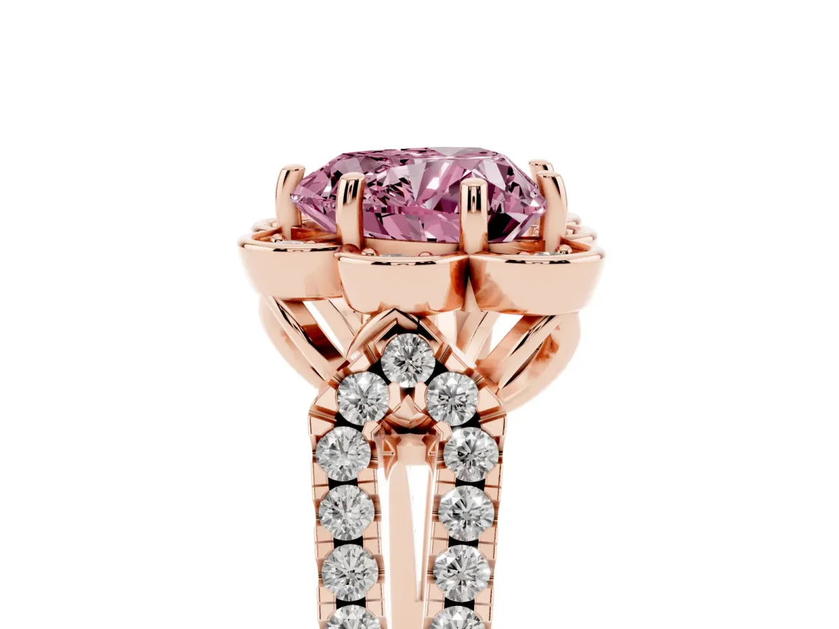 Fancy Pink Heart Cut Halo Diamond Floral Split Shank Engagement Ring Rose gold