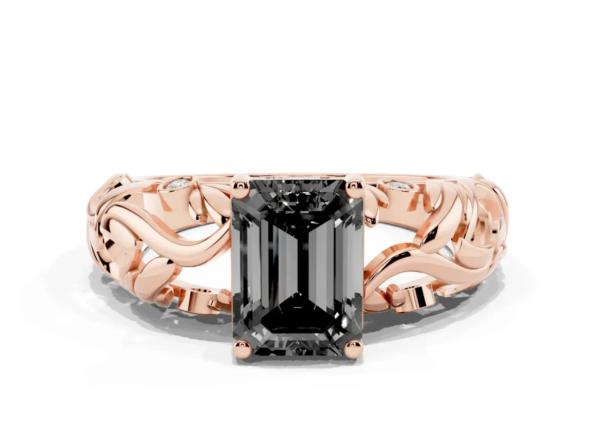 Fancy Black Emerald Cut Solitaire Diamond Leaf-Inspired Vine Band Ring with Prong Setting Rose gold