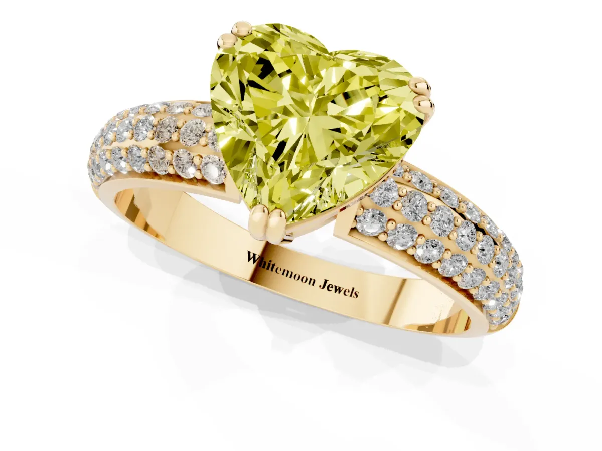 Fancy Yellow Heart Cut Diamond Solitaire Ring with Multi-Row Round Pavé Band and Prong Setting Yellow gold