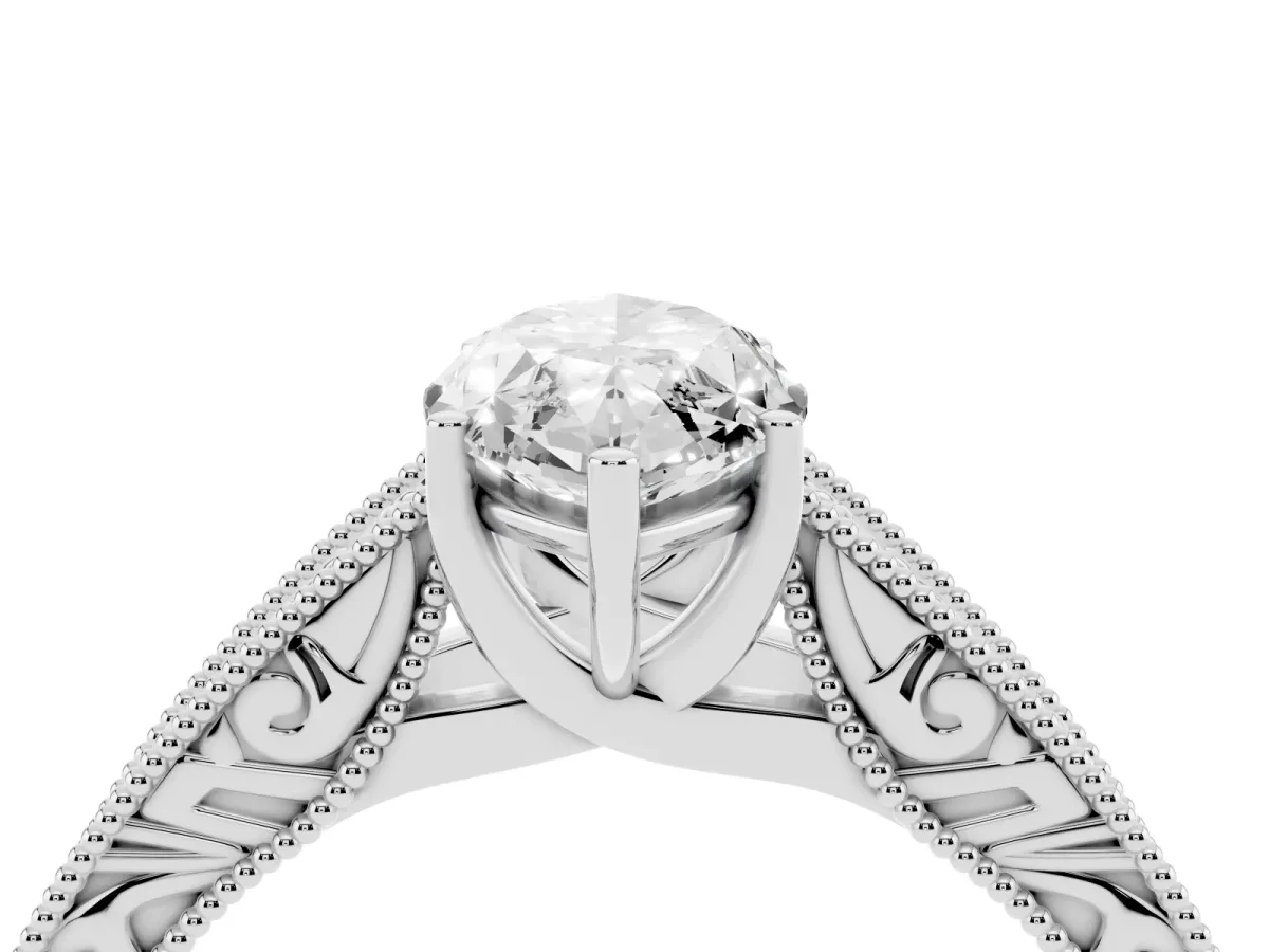 Marquise Cut Diamond Solitaire Ring with Engraved Band and Four-Prong Setting Silver