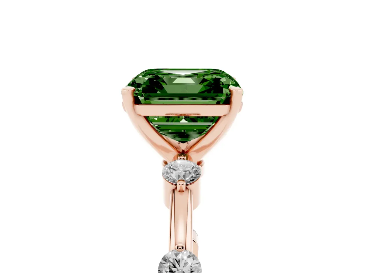 Fancy Green Asscher Cut Solitaire Diamond Ring with Bezel Set Side Stones and Prong Setting Rose gold