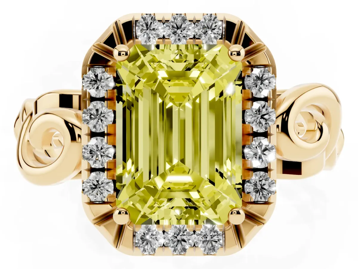 Fancy Yellow Emerald Cut Cut Halo Diamond Ring with Scrollwork Band and Four-Prong Setting Yellow gold