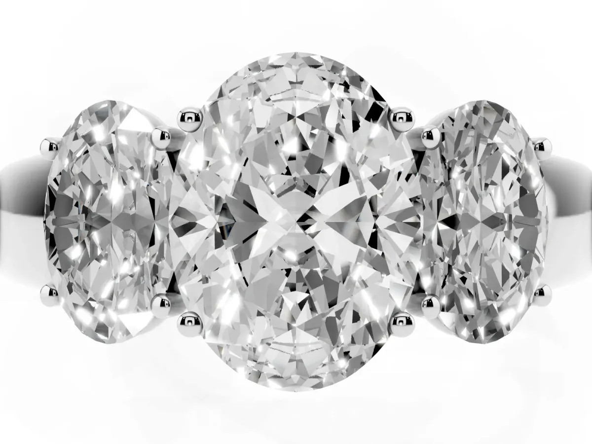 Three-Stone Oval Cut Cut Diamond Ring with Prong Setting and Classic Band Silver