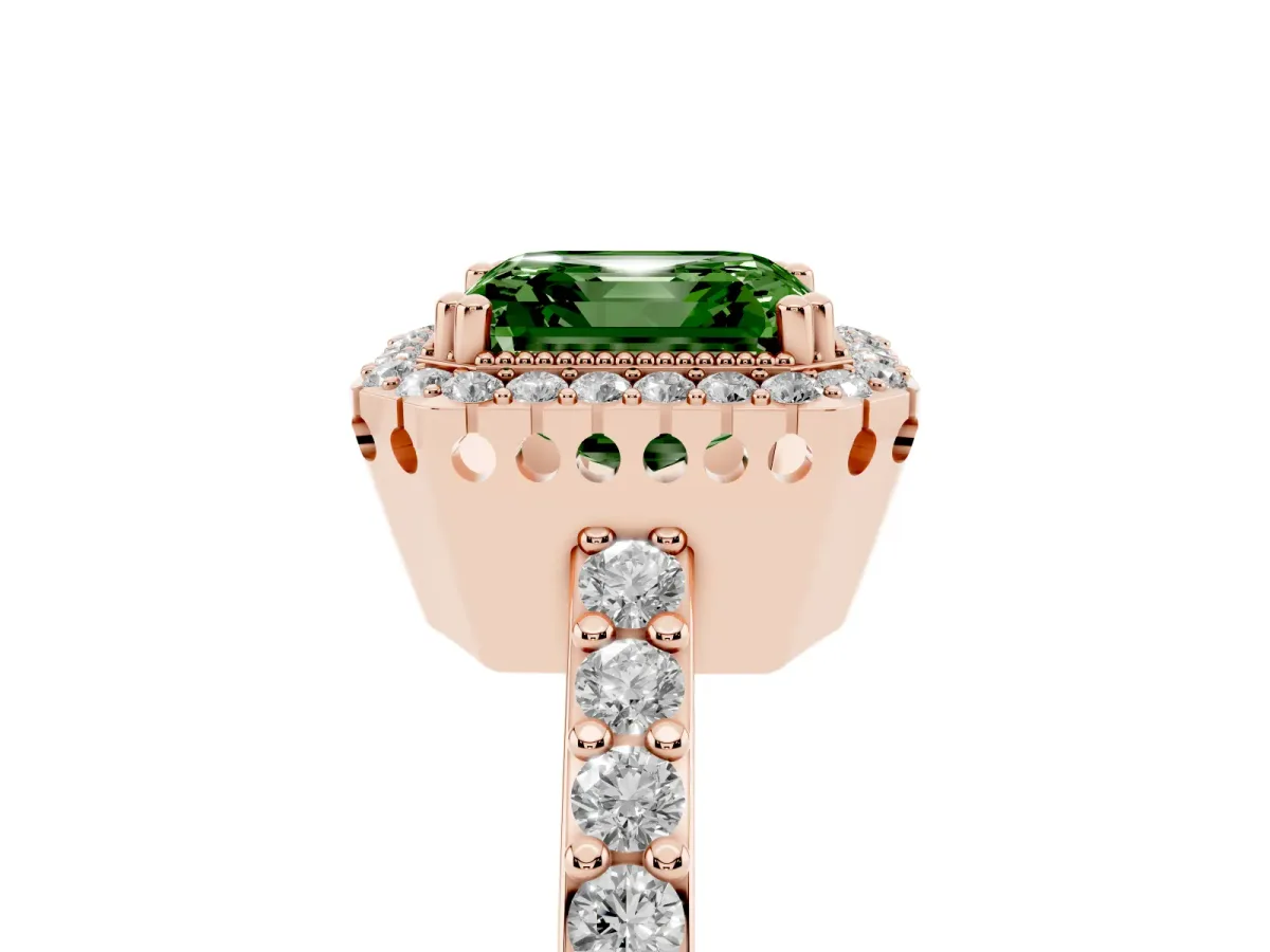 Fancy Green Asscher Cut Cut Diamond Halo Engagement Ring with Milgrain Detail and Pavé Band Rose gold