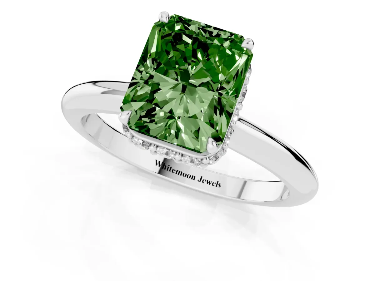 Fancy Green Radiant Cut Brilliant Solitaire Engagement Ring with Six-Prong Setting and Classic Band Silver