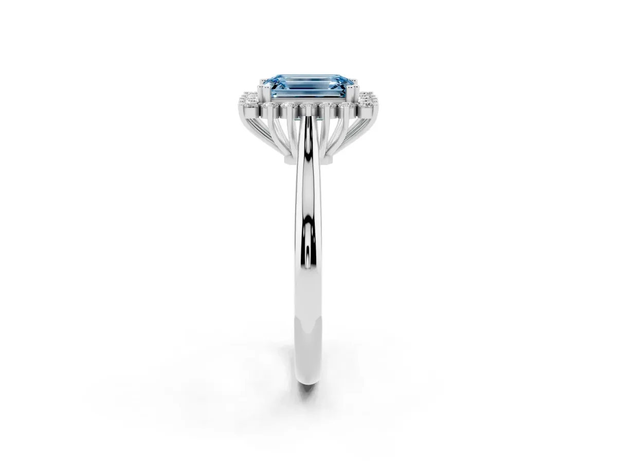 Fancy Blue Emerald Cut Cut Diamond Halo Ring with Solitaire Band and Prong Setting Silver