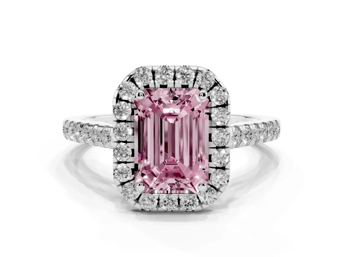 Fancy Pink Emerald Cut Halo Pave Diamond Engagement Ring with Four-Prong Setting Silver