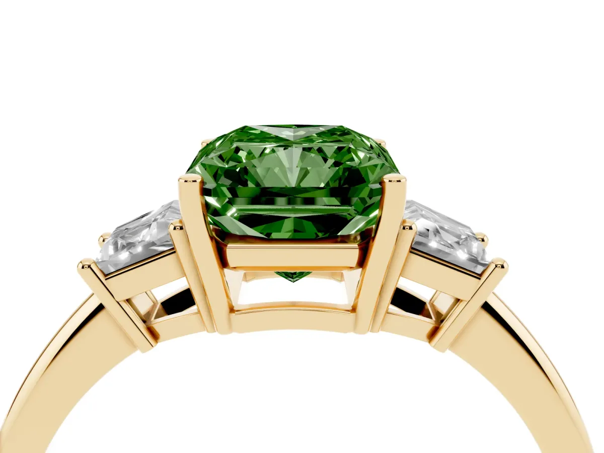Fancy Green Radiant Cut Diamond Three-Stone Ring with Trapezoid Side Stones and Prong Setting Yellow gold