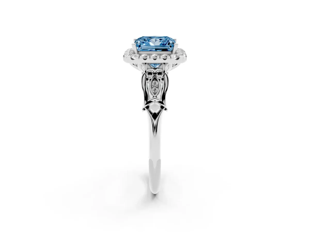 Fancy Blue Princess Cut Halo Diamond Engagement Ring with Filigree Band and Four-Prong Setting Silver