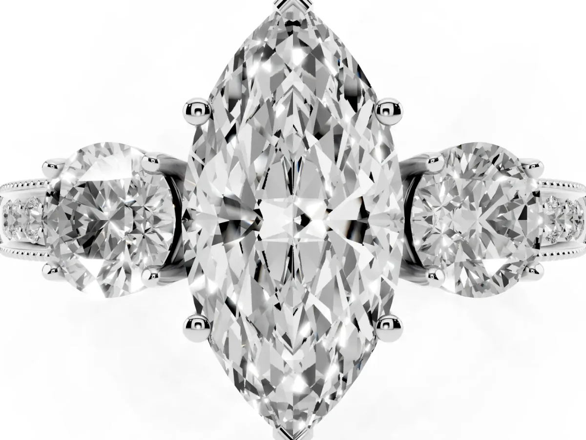 Marquise Cut Three-Stone Diamond Ring with Pavé Band and Four-Prong Setting Silver