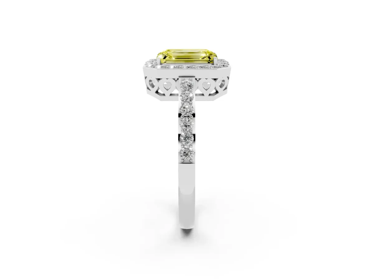 Fancy Yellow Emerald Cut Halo Diamond Pavé Band Ring with Prong Setting Silver