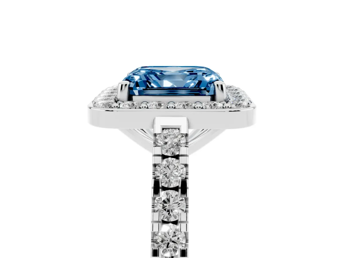 Fancy Blue Asscher Cut Diamond Halo Ring with Round Pavé Split Shank and Prong Setting Silver