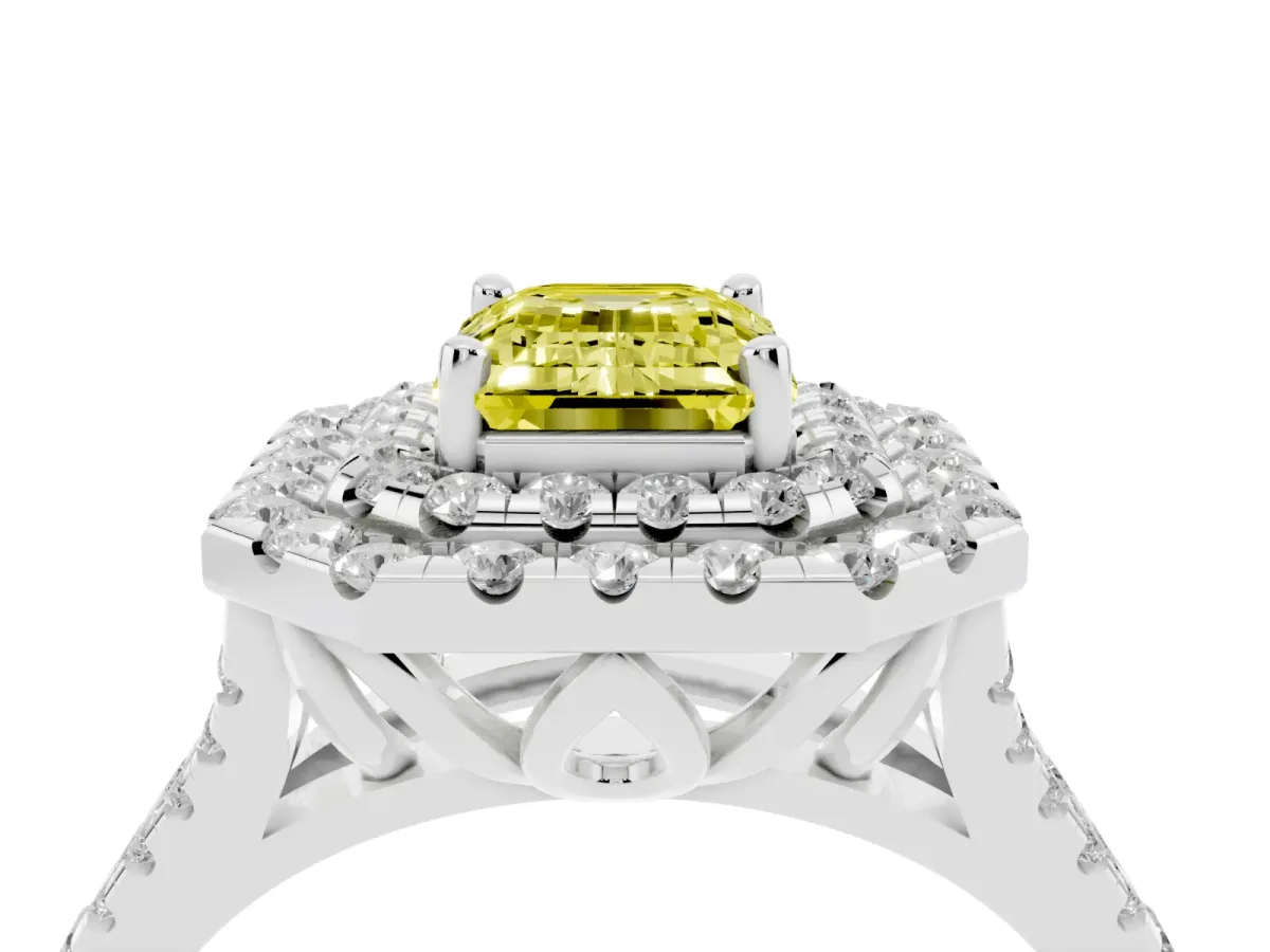 Fancy Yellow Double Halo Emerald Cut Diamond Pavé Split Shank Ring with Prong Setting White gold