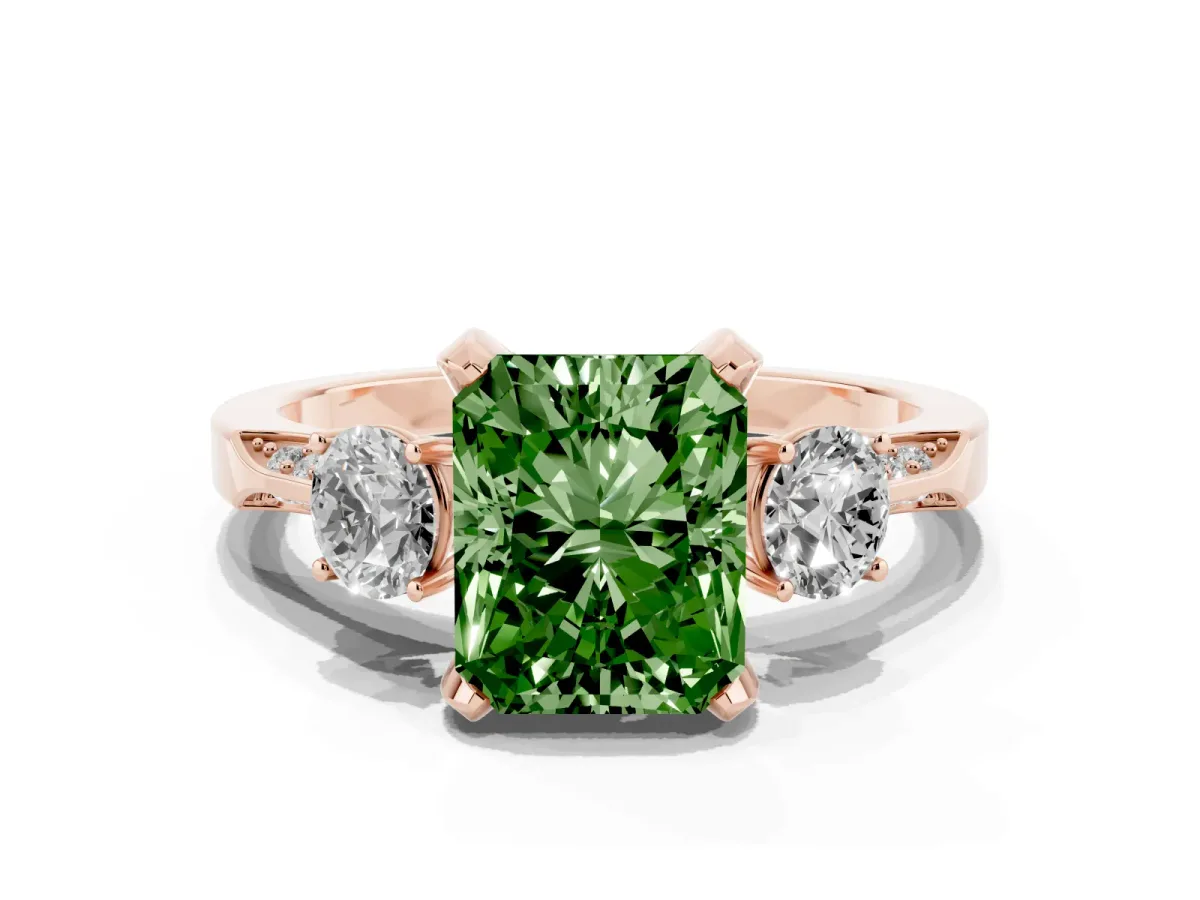 Fancy Green Radiant Cut Brilliant Three-Stone Diamond Ring with Pavé Band and Four-Prong Setting Rose gold