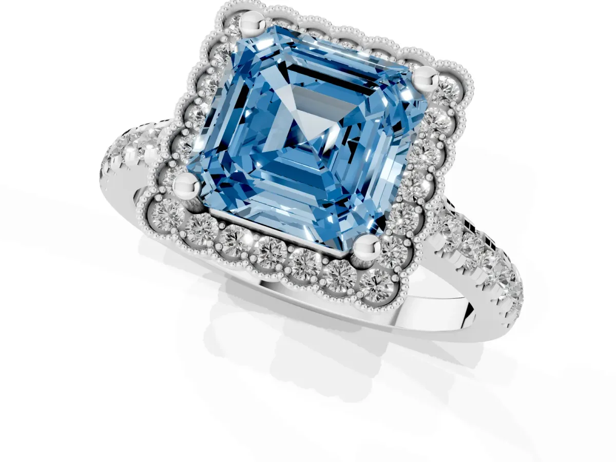 Fancy Blue Asscher Cut Cut Diamond Milgrain Floral Halo Engagement Ring with Pavé Band White gold