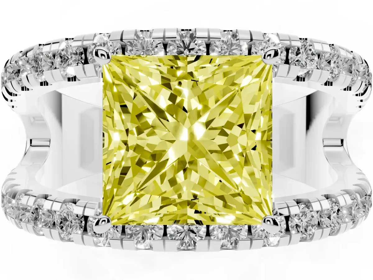 Fancy Yellow Princess Cut Solitaire Split Shank Pave Diamond Ring Silver