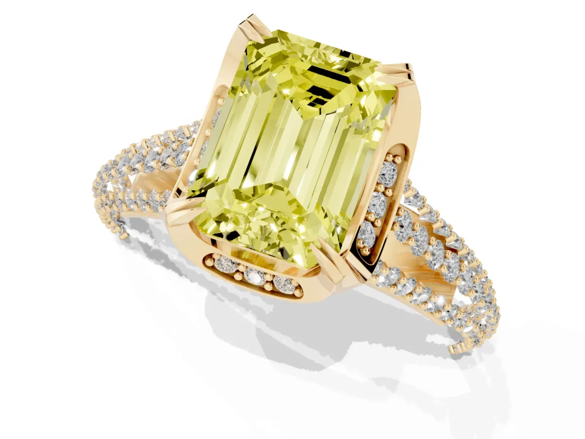 Fancy Yellow Emerald Cut Solitaire Pave Split Shank Ring with Four-Prong Setting Yellow gold